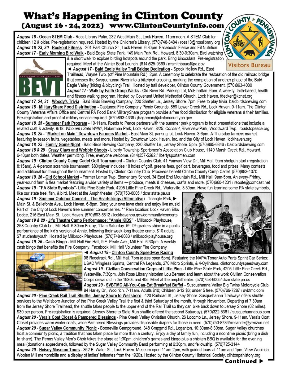 ClintonCountyPA's tweet photo. Hi, fans of Clinton County! Attached is your latest “What’s Happening” flyer! Please print, post and share. For a full Calendar of Events, visit our website at https://t.co/772rVwWwb4. We also have event info on our Explore Clinton County, PA Facebook page. https://t.co/Kw5lXp4bwO