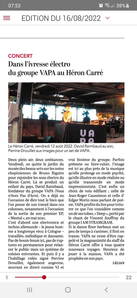 Un grand merci <a href="/OuestFrance49/">Ouest-France 49</a> &amp; <a href="/courrierouest/">Le Courrier de l'Ouest</a> pour ce retour sur notre concert au #heroncarre 🔥
"VAPA a été prophète en son pays" 😎
#CultureAngers