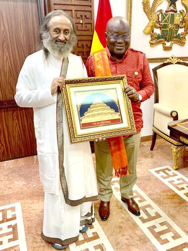 Gurudev's tweet image. On my first visit to Ghana, Africa was received by the President H.E. @NAkufoAddo. He welcomed us to initiate @ArtofLiving workshops ranging from ayurveda, agriculture, youth skills training to prison programs, with an aim to uplift wellness in the country.
