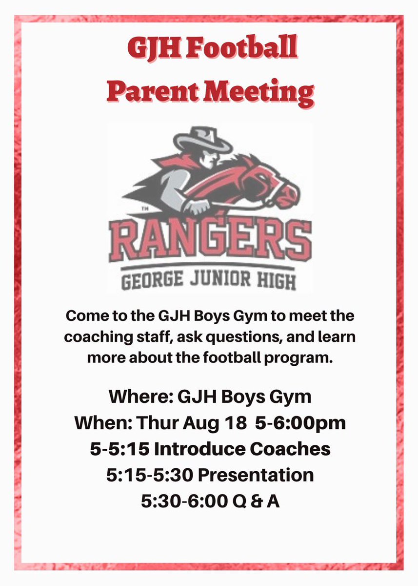 robfordjsugolf's tweet photo. For all players going out for football please save the date…Parents Meetings Aug. 18th in the Big Gym from 5-6pm…see y’all there ⬛️🟥 @GJHAthletics @GJHFootball https://t.co/eyAsPaYEGi