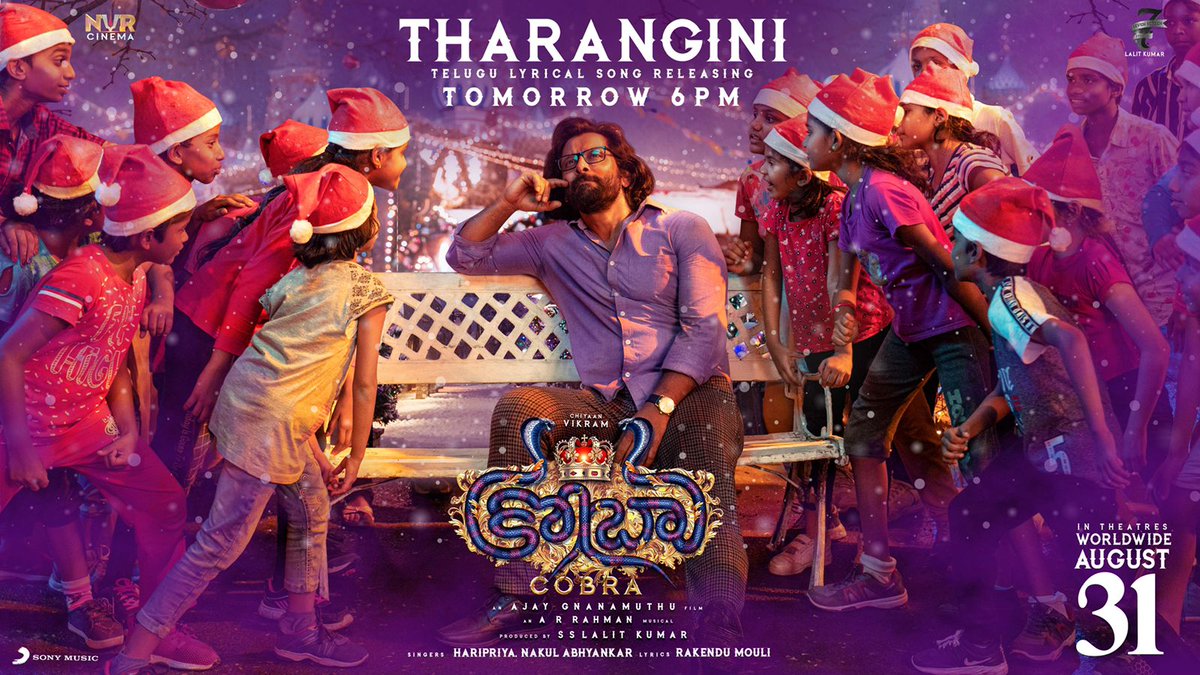 UrsVamsiShekar's tweet photo. Exquisite single #THARANGINI Releasing in Telugu TOMORROW at 6PM🎵😍

#ChiyaanVikram's #Cobra 🐍
GRAND RELEASE ON AUGUST 31🔥

An @arrahman Musical🎹

@AjayGnanamuthu @7ScreenStudio @IrfanPathan @SrinidhiShetty7 @roshanmathew22 @NVR_CinemaOffl @SonyMusicSouth 

#CobraFromAugust31 https://t.co/BnZb3rWjar