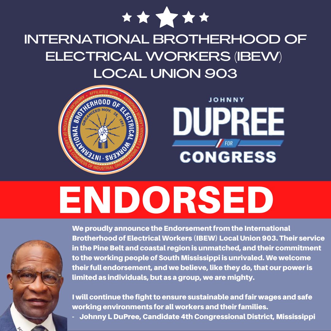 johnnyldupree's tweet photo. We proudly announce the Endorsement from the International Brotherhood of Electrical Workers (IBEW) Local Union 903. 

I will continue the fight to ensure sustainable and fair wages and safe working environments for all workers and their families.  -    Johnny L DuPree, https://t.co/In8hSPS1JW