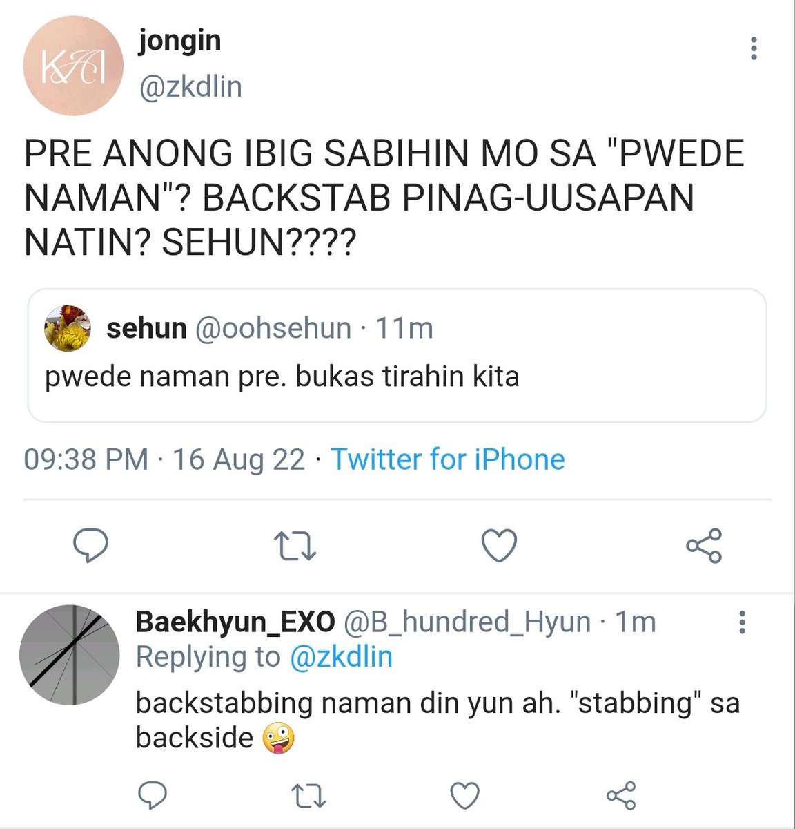 dearesthunkai's tweet photo. #sekai one twt filo/tagalog sns au

"backstab" (with 🔞 innuendo)

#hunkai https://t.co/qQ8QeV6orZ