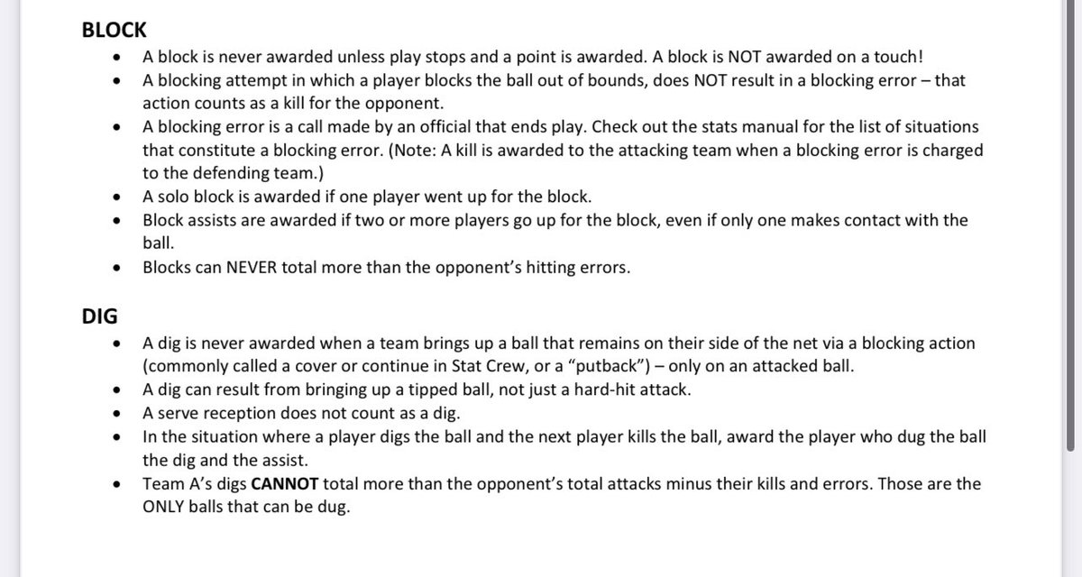 becky_segal's tweet photo. High School Coaches PSA: please remember when keeping stats this season what the definition of each stat is! Common mistakes are digs and blocks. See below what justifies that true stat. Players DESERVE everything they have EARNED, so let’s do our best to give that to them! https://t.co/6o5lx1bisp