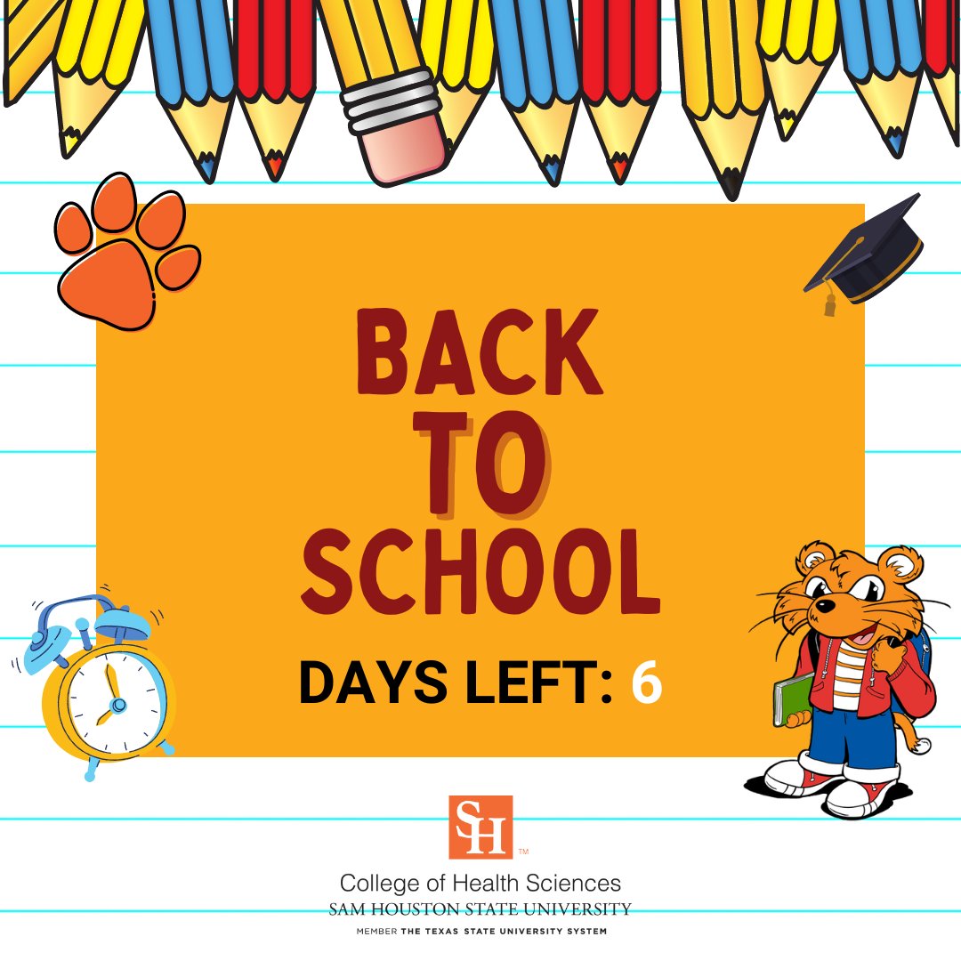 SHSU_COHS's tweet photo. Only 6 days left for everyone to be back! We are so excited! 🐾 🧡 #SHSU https://t.co/2SLHtNVoHL