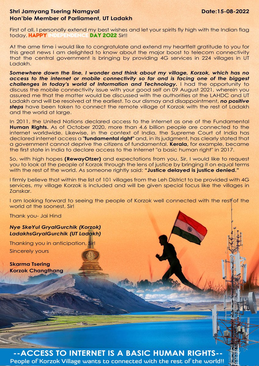"Access to Internet is a Fundamental Human Rights" 

People of #KorzokVillage #Changthang wants to connect with the rest of the world by all means of tele connectivity. 

<a href="/lg_ladakh/">LG Ladakh</a> <a href="/jtnladakh/">Jamyang Tsering Namgyal</a> <a href="/tashi_gyalson/">Tashi Gyalson</a> <a href="/yakzee_tashi/">Tashi Yakzee 🇮🇳</a> 
<a href="/PMOIndia/">PMO India</a> <a href="/narendramodi/">Narendra Modi</a> <a href="/AshwiniVaishnaw/">Ashwini Vaishnaw</a>