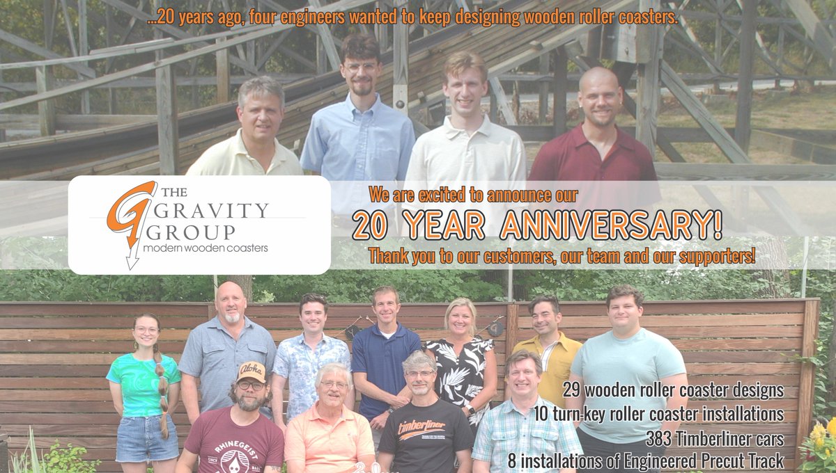 thegravitygroup's tweet photo. Thanks for joining us for the 20 year ride &amp; here's to another 20 years! and happy National Roller Coaster Day! What is your favorite Gravity Group ride?
#NationalRollerCoasterDay #woodencoaster #rollercoaster #iaapalovescoasters #timberliner #engineeredprecuttrack @aceonlineorg https://t.co/SSOGNBXxJi