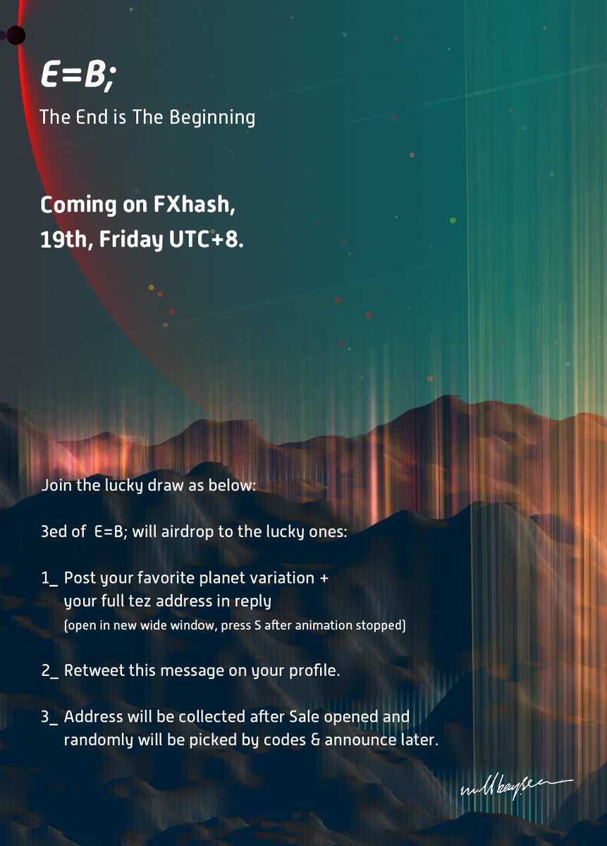 fxhash.xyz/generative/181…
E=B; <a href="/fx_hash_/">fxhash</a> 

Enter the lucky draw HERE!
#creativecoding #p5js #generative #planet #end #beginning #art #audiovisual #cinematic #taiwan #hongkong #CleanNFT