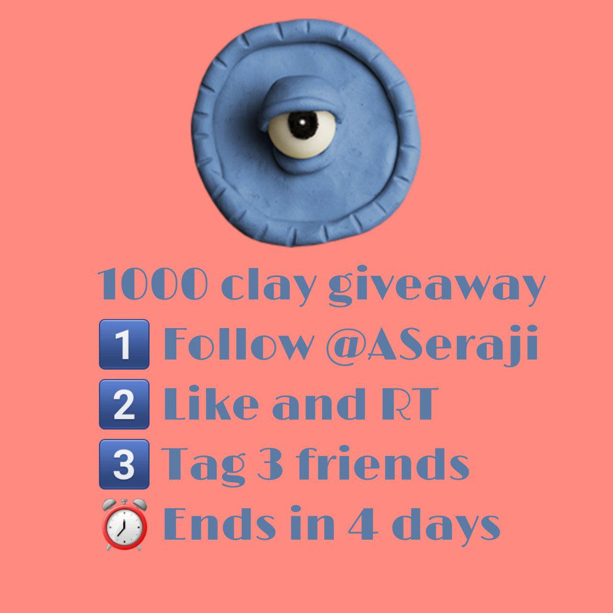 ASeraji's tweet photo. Hey, all ! i decided to do #Giveaway s🎁 
from now on.
With🤝collabration &amp; my own collection . 
starting with 1000 #Clay from @claymates to 1 lucky person
SO :
✅Follow: @ASeraji 
✅Like/Retweet/Tag 3+
⏰ Ends in 4 days
GL

#NFTGiveaway #CNFTCommunity  #CNFTGiveaway #NFT #CNFT https://t.co/AdjzT2XnPI