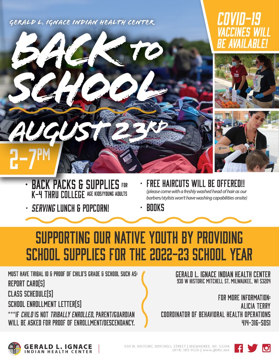 Supporting our #Nativeyouth by providing school supplies for the 2022-23 school year! Join <a href="/gliihc/">GLIIHC</a> on Tuesday August 23rd from 2-7pm for our Back to School event! #Backpacks #Supplies for K4 - college age kids/young adults #Lunch #FreeHaircuts #Books <a href="/MilwaukeeMPS/">Milwaukee MPS</a>  <a href="/ICSMilwaukee/">Indian Community School®</a>