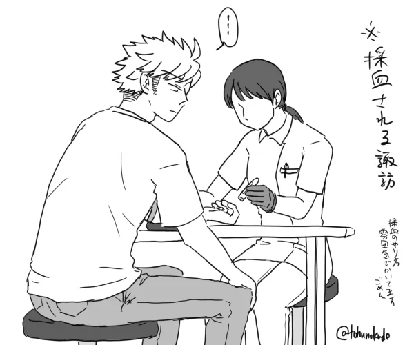 静かに採血される諏訪洸太郎はかわいい(確信)とひらめいた結果の落書きです 