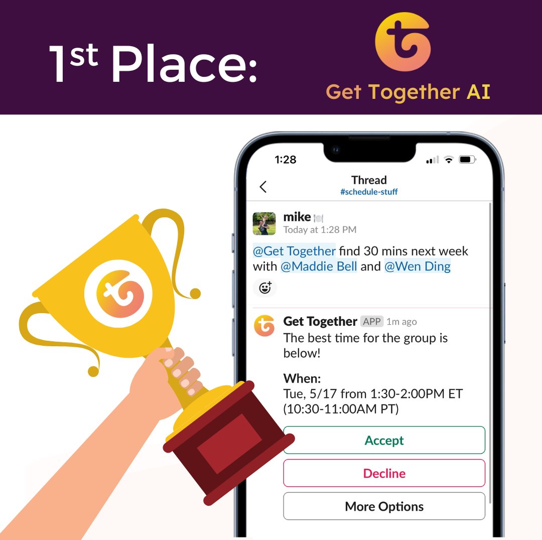 SlackAPI's tweet photo. A big congrats to our hackathon winner for officially launching their app! 🎉 Skip the back and forth by letting @GetTogetherAI schedule meetings for you, right from Slack: https://t.co/dL7uZtUPu5 https://t.co/Tdww9S7AEc