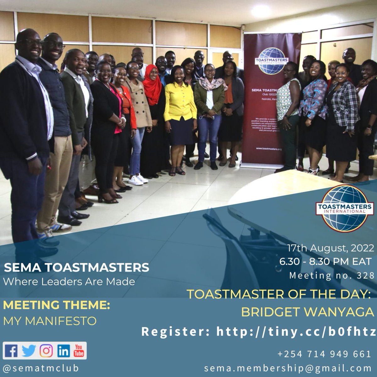 SemaTMClub's tweet photo. Welcome to SEMA Toastmasters (TM) Club Meeting No.328. Join us this Wednesday, 17 August at 6:30 EAT, as our Toastmaster of the day, Bridget Wanyaga, leads our upcoming meeting on “𝗠𝘆 𝗠𝗮𝗻𝗶𝗳𝗲𝘀𝘁𝗼” Register via https://t.co/FPAtdWIN9Y
#Leadership #publicspeaking https://t.co/pxxFjYpst6