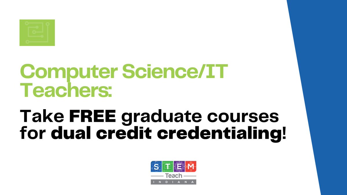 CELL at the University of Indianapolis (@celluindy) on Twitter photo 💻 CS/IT Teachers: 💻
STEM Teach offers FREE graduate courses for Indiana #dualcredit credentialing! Apply 8/22 - 8/9: stemteachindiana.org
<a href="/Indiana_CS/">Jake Koressel</a> <a href="/CSforIN/">CS for Indiana</a> <a href="/IndianaCSTA/">Indiana CSTA</a> <a href="/csteachersorg/">CS Teachers Association (CSTA)</a>
#HoosierSTEM #EdTech #CSforIN #CSTA 💻 CS/IT Teachers: 💻
STEM Teach offers FREE graduate courses for Indiana #dualcredit credentialing! Apply 8/22 - 8/9: stemteachindiana.org
<a href="/Indiana_CS/">Jake Koressel</a> <a href="/CSforIN/">CS for Indiana</a> <a href="/IndianaCSTA/">Indiana CSTA</a> <a href="/csteachersorg/">CS Teachers Association (CSTA)</a>
#HoosierSTEM #EdTech #CSforIN #CSTA