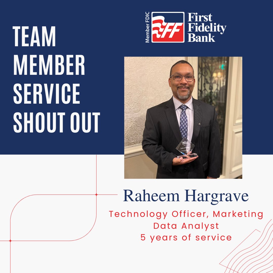 gobankffb's tweet photo. Thank you, Raheem, for your dedicated service to FFB! We’re so thankful to have you on our team!
#Dedication #Service #ShoutOut #ThankYou #FirstFidelityBank #EmployeeAppreciation https://t.co/yWmmVqCPwi