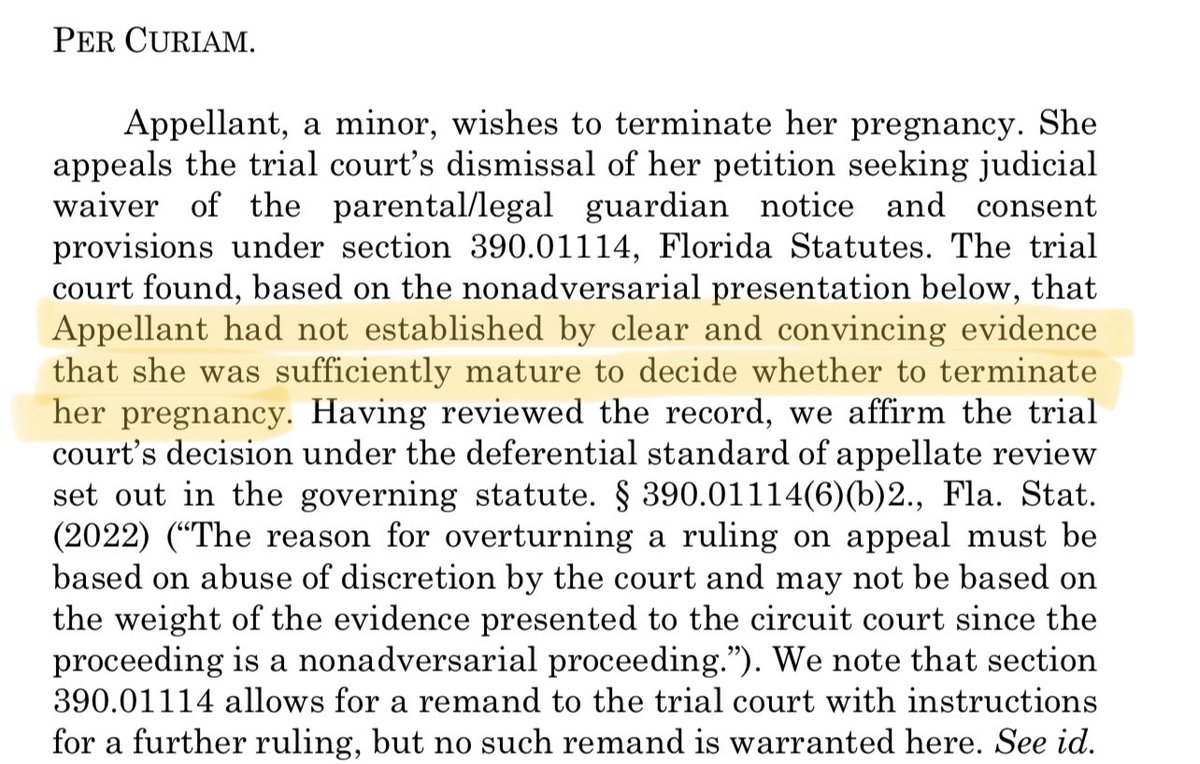 Florida appeals court affirms an order prohibiting a parentless 16-year-old from terminating her pregnancy on the grounds that she has not proved she is mature enough to get an abortion. So the state will force her to have a child instead. s3.documentcloud.org/documents/2213…