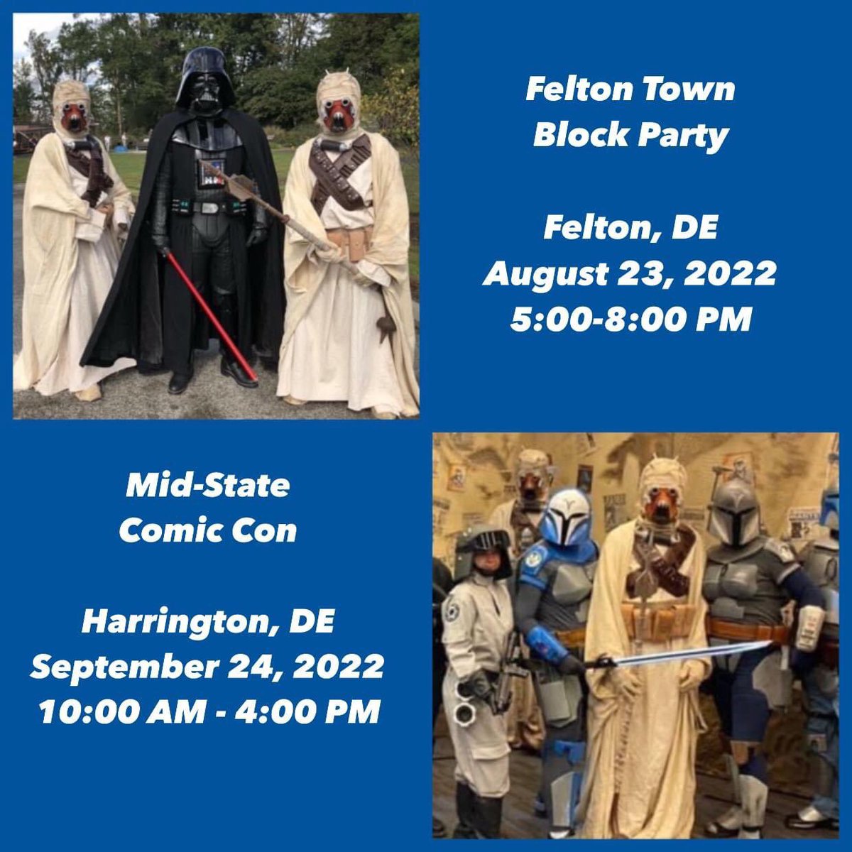 501stFirstState's tweet photo. Want to see your favorite characters from a galaxy far far away close to home? Come out and join the 501st Legion First State Garrison as we deploy to the Felton Town Block Party on August 23, 2022 and Mid-State Comic Con on September 24, 2022.
#501stLegion #FirstStateGarrison https://t.co/QKg21Hg9gG