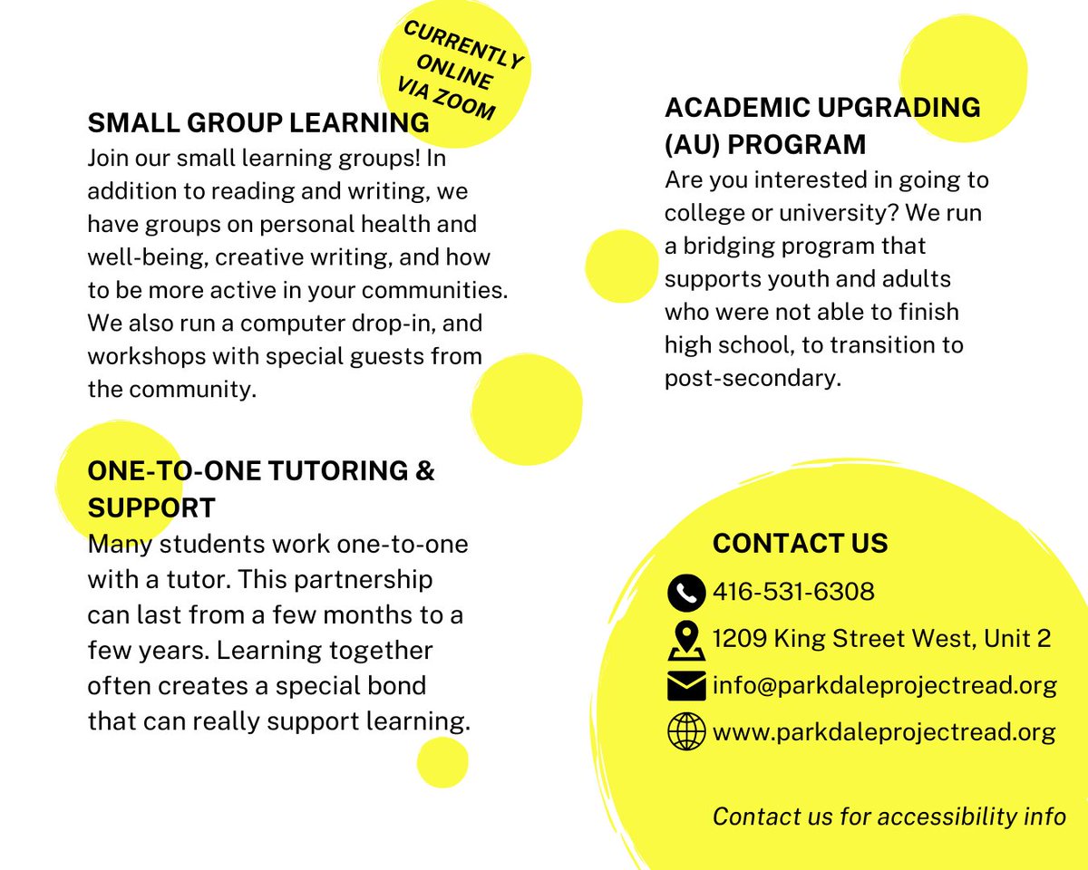 ParkdaleRead's tweet photo. Learn with us! 📖 If you or a loved one needs support with reading, writing, math, or computers, check out our available programs. We offer small group learning, one-to-one tutoring and support, and an academic upgrading program. Contact us to learn more! #AdultLiteracy https://t.co/DJ5x99DAOW