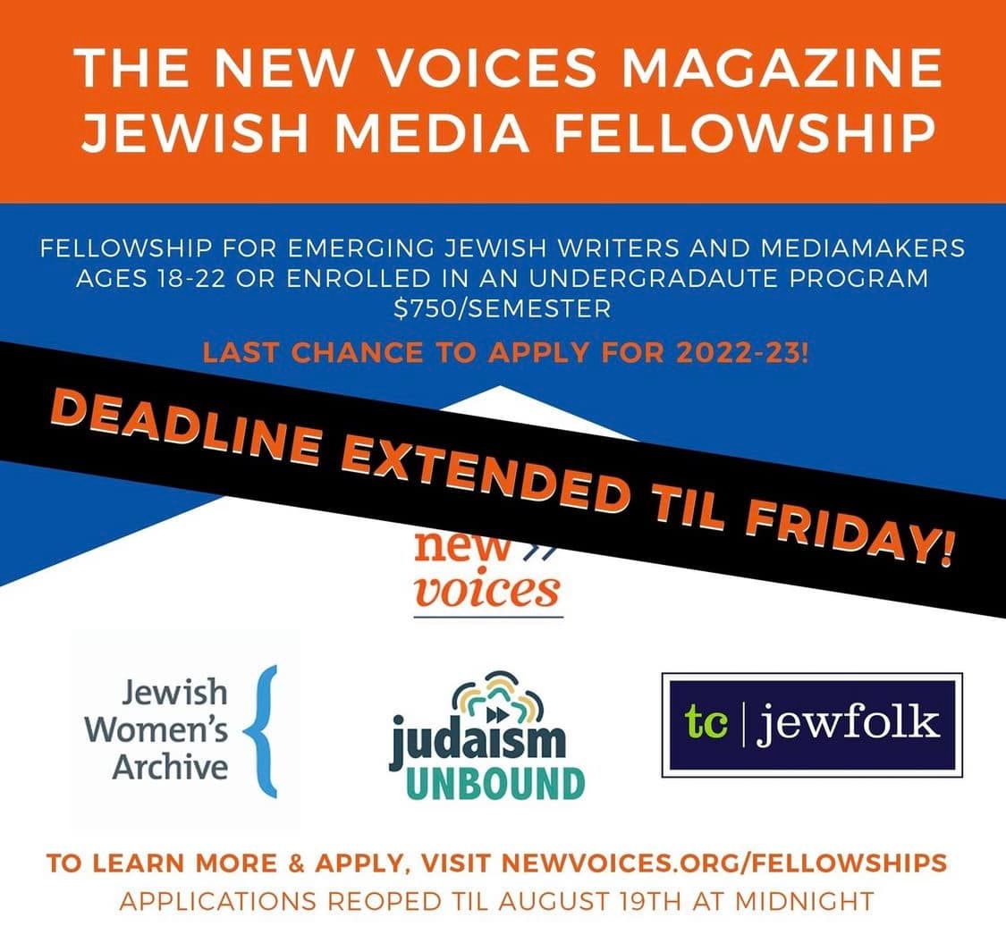 TC Jewfolk (@tcjewfolk) on Twitter photo Deadline extended on the <a href="/New_Voices_Mag/">New Voices Magazine</a> Jewish Media Fellowship for Jewish writers, journalists, and mediamakers ages 18-22 or enrolled in an undergrad program!
Choose a paid slot with TC Jewfolk, <a href="/JudaismUnbound/">Judaism Unbound</a>, or <a href="/jwaonline/">Jewish Women's Archive</a> and apply at newvoices.org/fellowships Deadline extended on the <a href="/New_Voices_Mag/">New Voices Magazine</a> Jewish Media Fellowship for Jewish writers, journalists, and mediamakers ages 18-22 or enrolled in an undergrad program!
Choose a paid slot with TC Jewfolk, <a href="/JudaismUnbound/">Judaism Unbound</a>, or <a href="/jwaonline/">Jewish Women's Archive</a> and apply at newvoices.org/fellowships