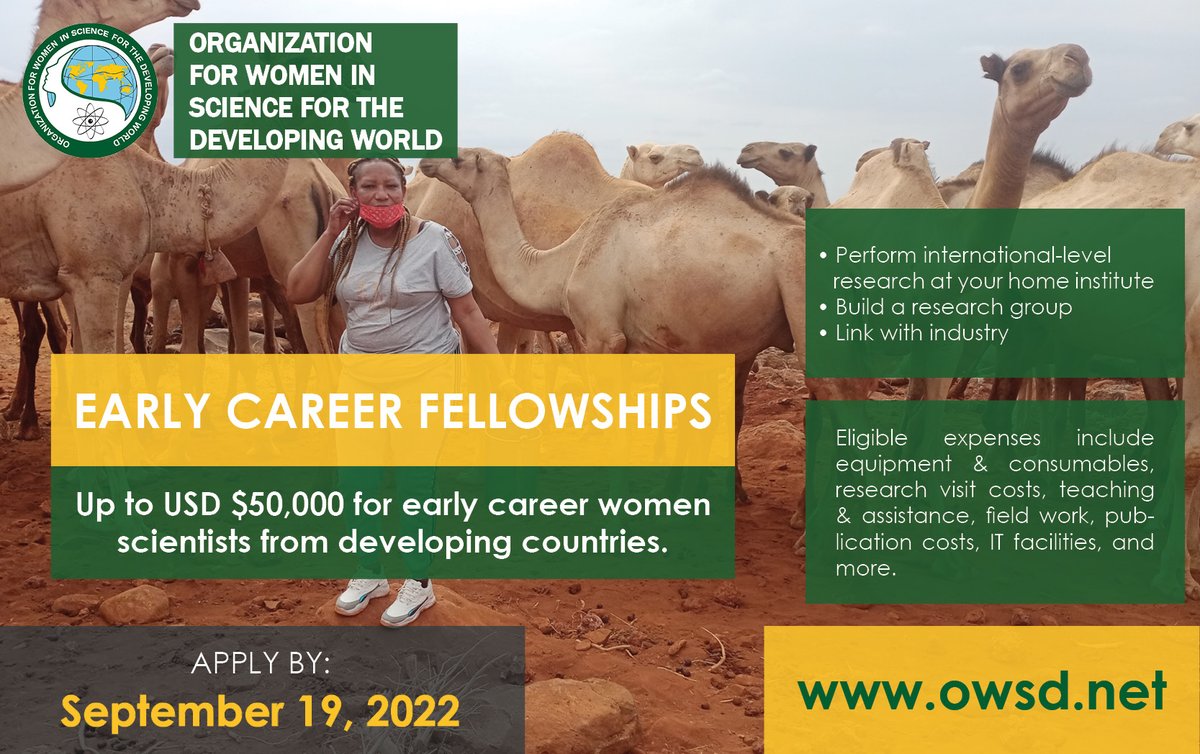 OWSD is pleased to open the 2022 Call for Applications for our Early Career Fellowships for women scientists from developing countries! The fellowships provides $50,000 to establish research centers at fellows' home institutes. All details at: owsd.net/career-develop… #womeninSTEM