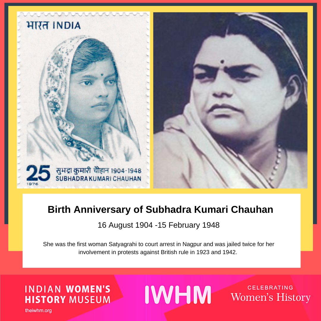 theiwhm's tweet photo. Today is the birth anniversary of Subhadra Kumari Chauhan 🥇💐⚡ #SubhadraKumariChauhan 
Subhadra Kumari Chauhan is recognised for her evocative patriotic poem ‘Jhansi ki Rani‘, which is also among the most-recited poems in Hindi literature. 
#IndianWomenHistoryMuseum https://t.co/kyNy5cxmUB