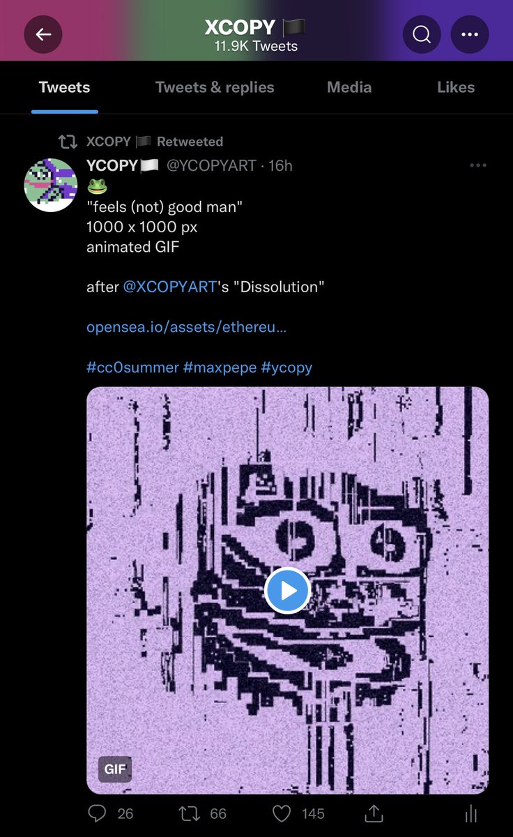 YC0PYART's tweet photo. Saw in the discord someone said we got RT-ed by XCOPY. Had to verify. Yeah. It's real. SKWAAAAAAAAA!
#cc0summer #ycopy #xcopy #pepe https://t.co/utRrLQuS1q