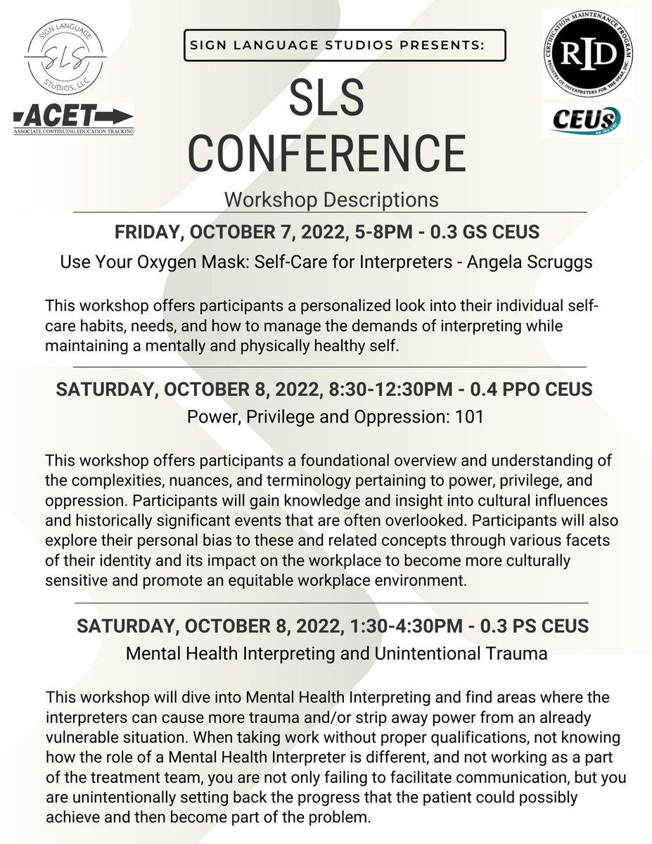SLSNashville's tweet photo. REGISTRATION IS OPEN!!!

IN-PERSON or VIRTUAL Interpreter workshop/conference! CART and ASL Interpreters will be provided.

Register at:
https://t.co/mzbbSqqtty

#asl #deaf #deafblind #hardofhearing #aslinterpreter #aslinterpreting #interpreter #interpreting #interpreterworkshops https://t.co/OZ3TplkFMh