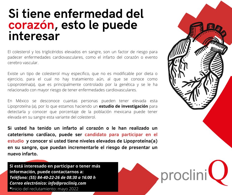 ProcliniQMx's tweet photo. Se está buscando a pacientes con antecedente de infarto al corazón o intervención coronaria percutánea  que deseen participar en un protocolo de investigación. ¡Contáctanos! #Cardiotwitter #medtwitter https://t.co/7wdaiKHqcs