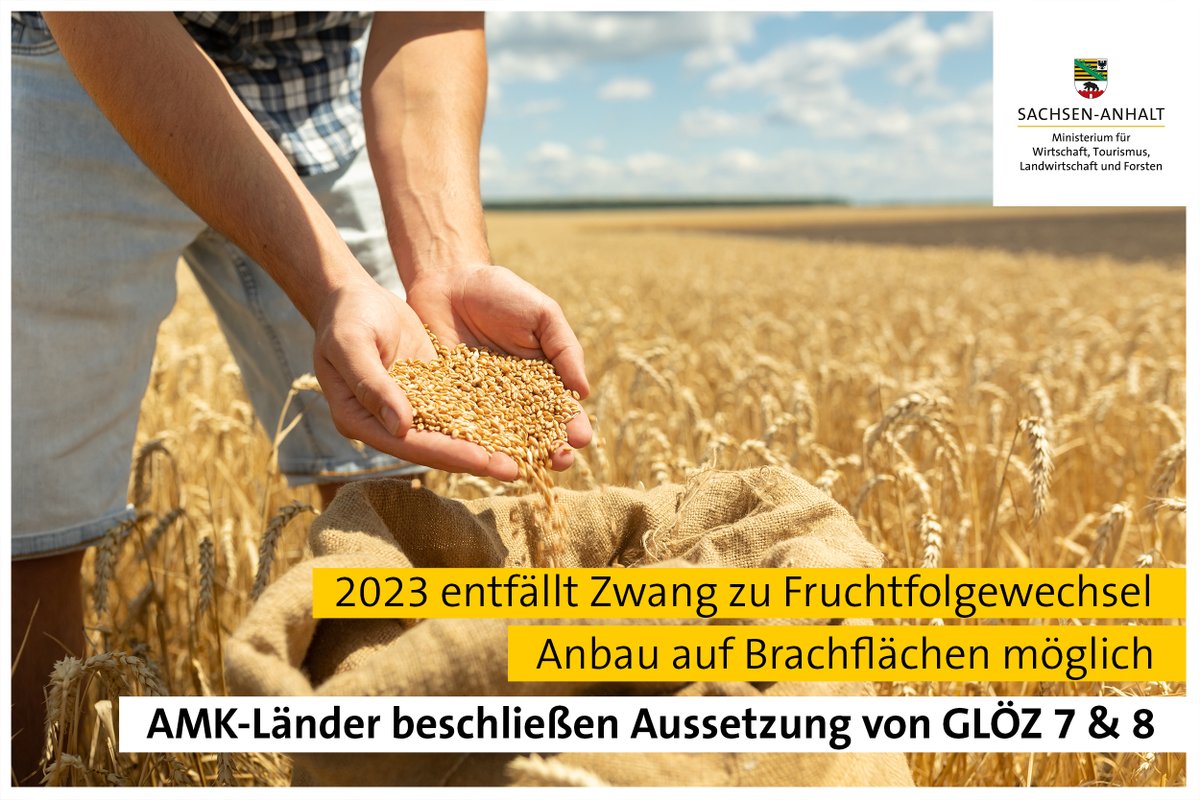 MWL_LSA's tweet photo. (1|3) Einstimmig: Die #AMK2022-Länder haben beschlossen, der #Fruchtfolgewechsel (GLÖZ 7) und die #Flächenstilllegung (GLÖZ 8) werden 2023 ausgesetzt. Eine wegweisende Entscheidung mit Blick auf die Folgen des #Ukrainekrieg|s.
 
#MWL #Landwirtschaft #Agrarministerkonferenz https://t.co/TYpHuMvToQ