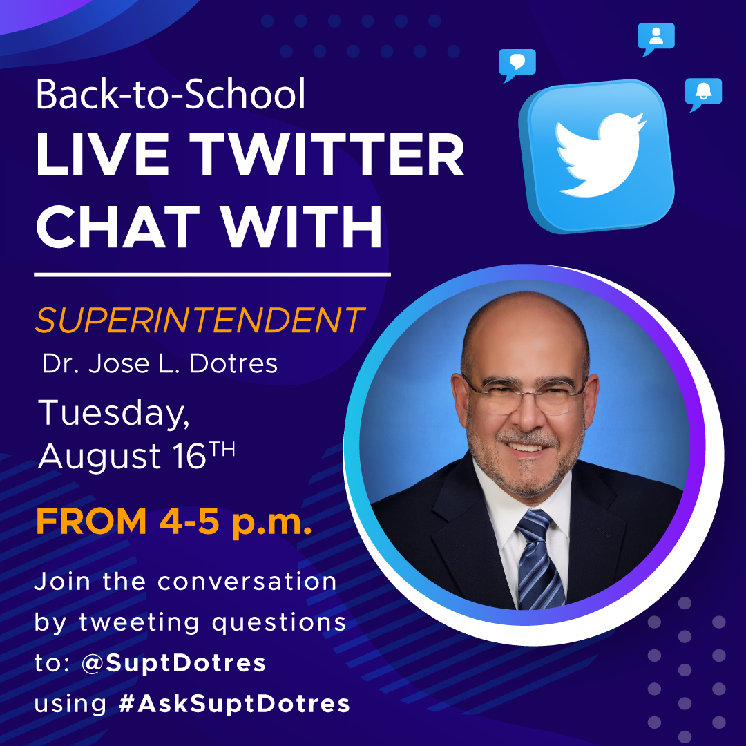 MDCPS's tweet photo. Today from 4-5 p.m., join @SuptDotres’ Back-to-School Twitter Chat. Submit your questions by using the hashtag #AskSuptDotres. https://t.co/7LUMnMY4HY