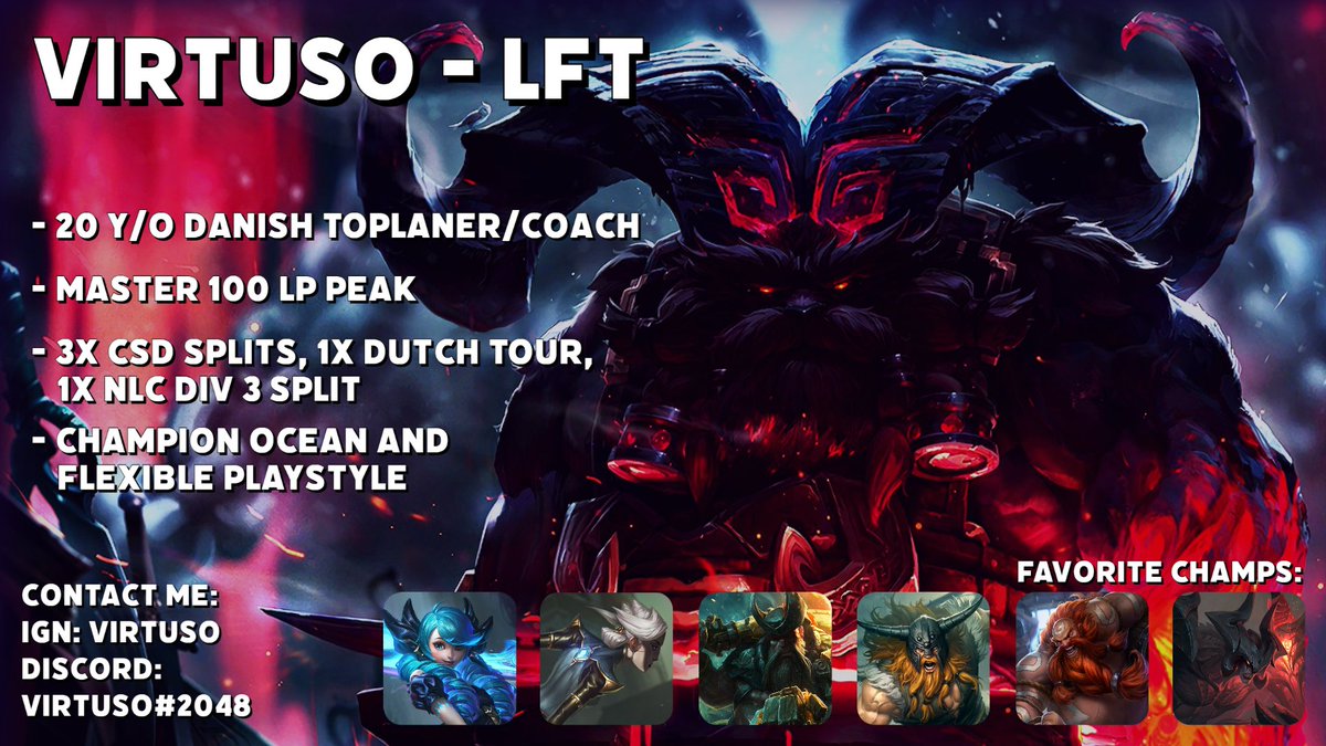 Still contracted to @visugamingeu , but I have been allowed to explore my options, and I am now looking for a new home. I am currently interested in all offers, both as toplaner and coach, so feel free to throw me a dm if you want me on a tryout. Retweets are appreciated <3