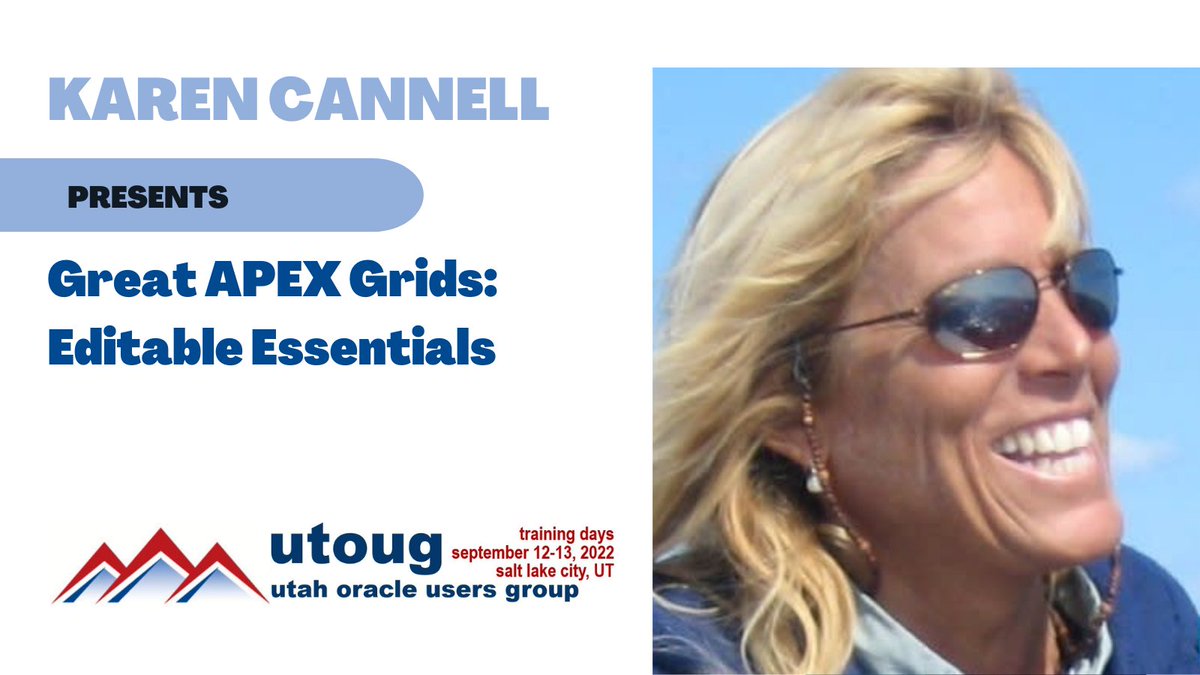 utoug's tweet photo. Karen Cannell (@thtechnology) presents practical guidance on working with editable interactive grids at UTOUG Training Days 2022. More here: https://t.co/ilGhtgxAqW
@Oracle #trainingdays22 @CLOC_WISE @OATUG1 https://t.co/97rpxWiGFR