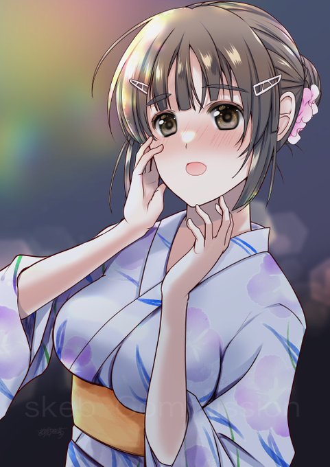 skebで照れた妙高さんを夏のテーマで描かせていただきました花火のことだと思っていたら、自分が綺麗と言われていたことに気づいた瞬間です。描かせて頂きありがとうございました❁( ᵕᴗᵕ )# 