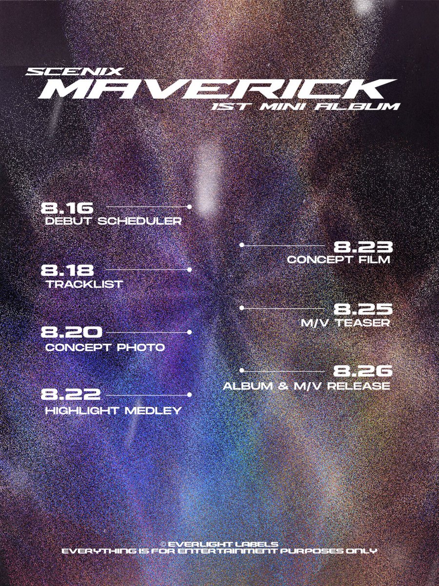 everlightlabels's tweet photo. SCENIX 시닉스
1st Mini Album [MAVERICK]
SCHEDULER
 
08.26.2022 6PM [KST]

#SCENIX #시닉스
#MAVERICK #매버릭 https://t.co/MyQzvdOrJg