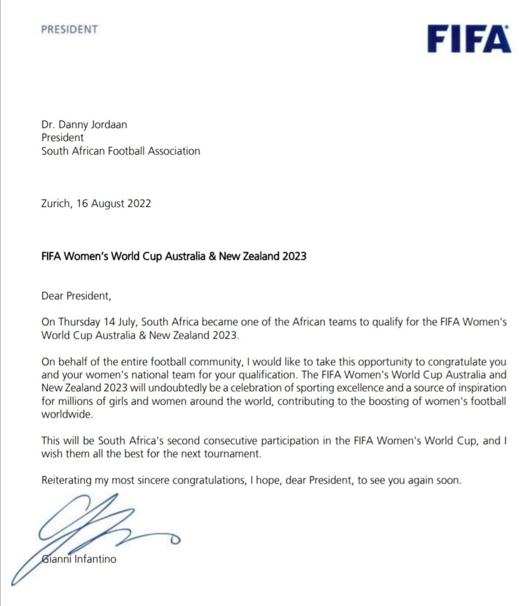 Mph__Motaung's tweet photo. FIFA president Gianni Infantino's soothing letter to Dr Danny Jordaan wishing Banyana Banyana well on their qualification to the FIFA Women’s World Cup
#LiveTheImpossible #WeOnTrack https://t.co/UjkP3ylDP3