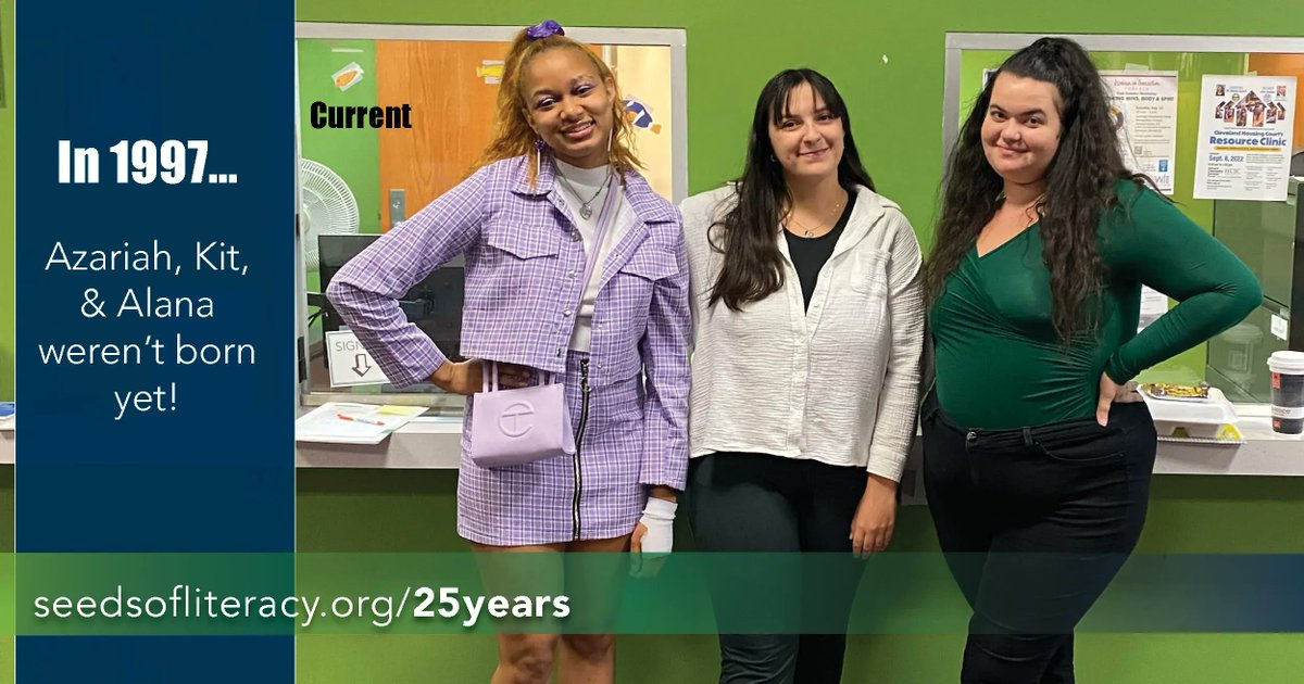 seedsofliteracy's tweet photo. #1997 - While the rest of us are feeling nostalgic for the '90s, these three ladies were years away from birth. π Receptionist Alana (R), Student Engagement Coordinators Azariah (L) & Kit (C)
Celebrate #25YearsofSeeds https://t.co/EMiD38Xlz6 https://t.co/pmJPTbCpmP