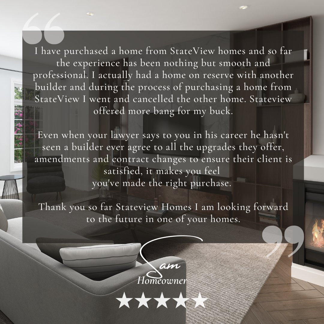 At StateView Homes, our clients are our view. Your needs. Your style. Your experience. Your absolute and enduring satisfaction. 

Don't take it from us though, here's what one of our our homeowners had to say.

#stateviewhomes #stateofcaring #happyhomeowners #newhomes #realestate