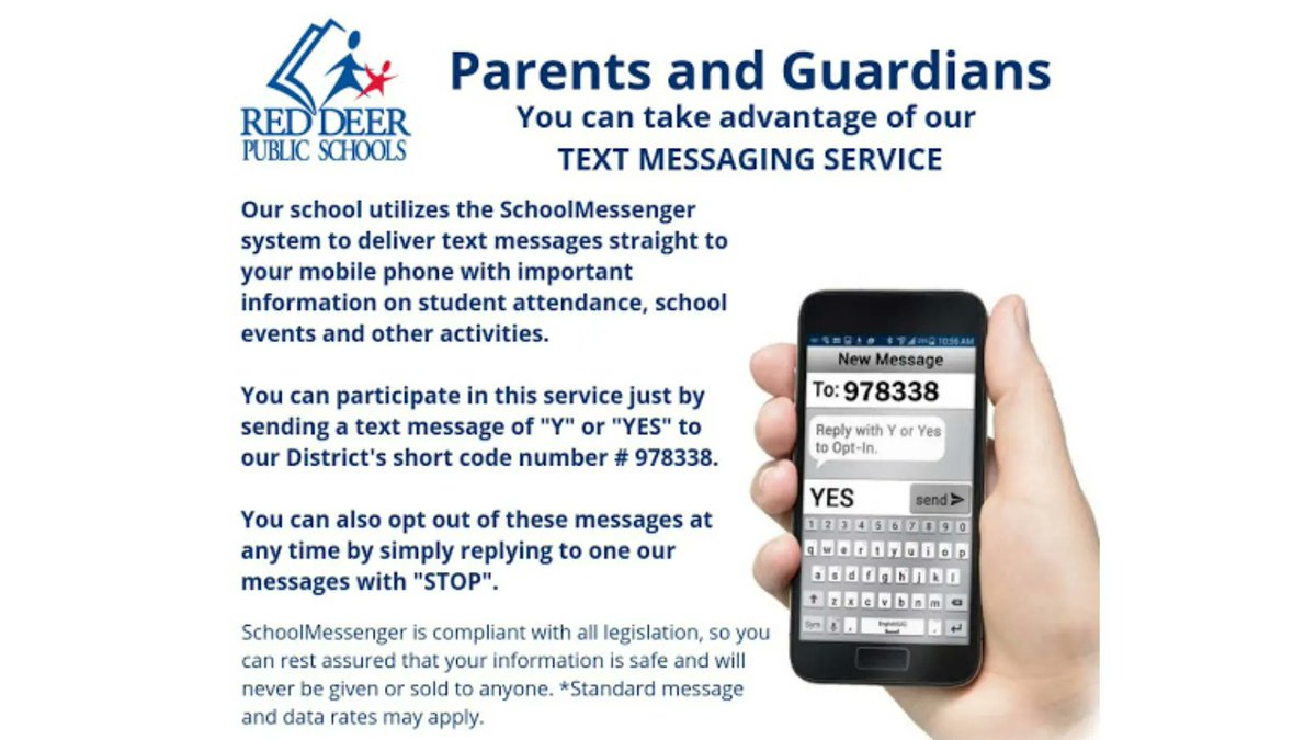 Make sure you are getting the latest updates from #RedDeer Public Schools and your child's school by receiving text messages on your mobile devices. Use the graphic to see how to opt in #RDPSD #CollaborativeRDPSD #ResponsibleRDPSD