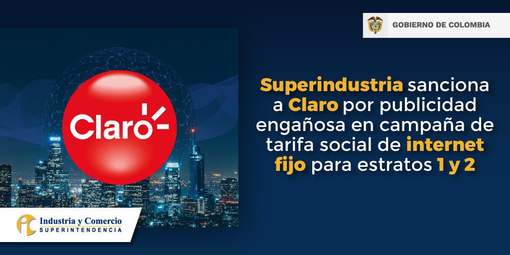 sicsuper's tweet photo. 🚨Atención🚨
La #SIC sanciona a @ClaroColombia con una multa de $2.463 millones tras comprobar que este prestador de servicio incurrió en publicidad engañosa en campaña de internet fijo para estratos 1 y 2.

Conoce los detalles aquí➡️ https://t.co/52cTDt5Njq https://t.co/sBaudEQF1g