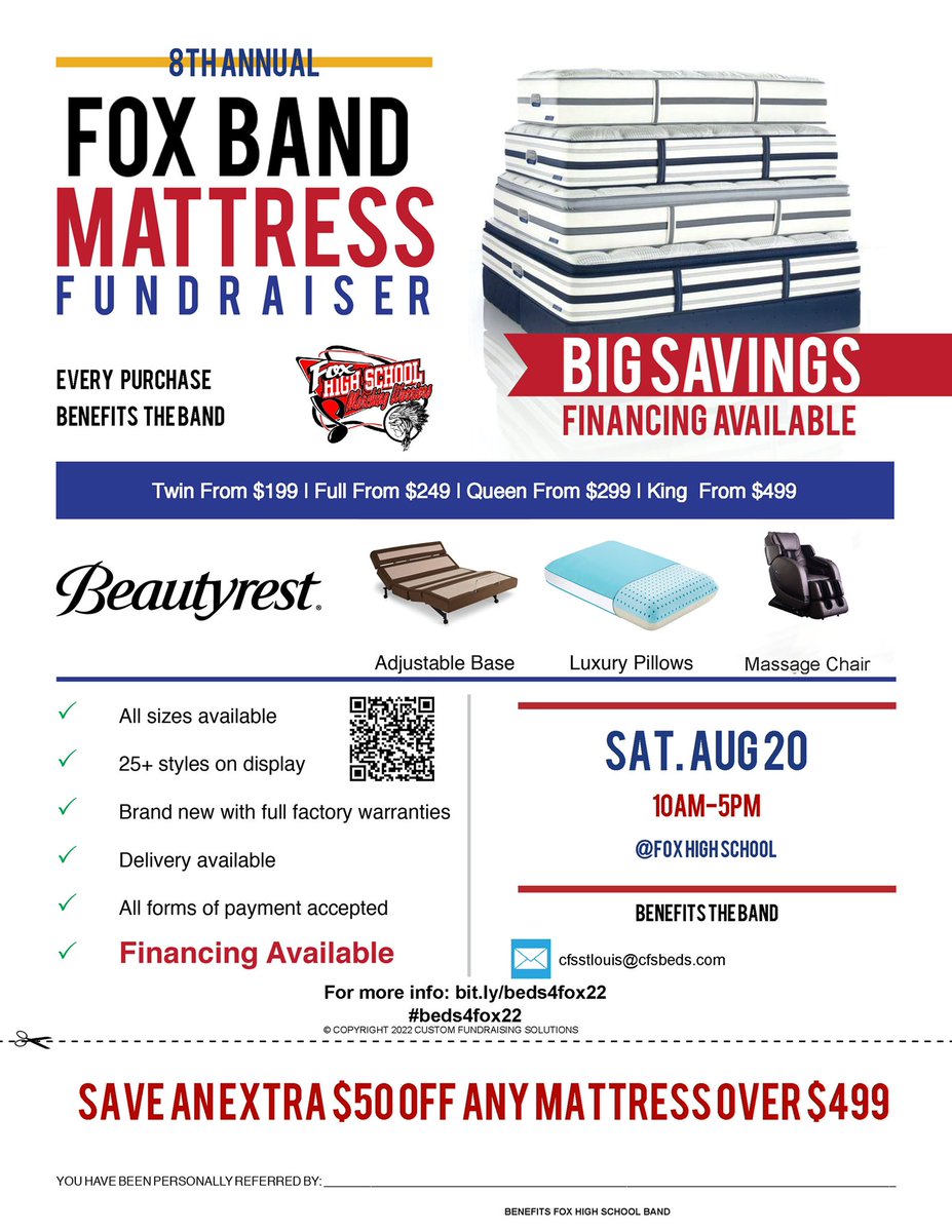 Fox_Bands's tweet photo. Mattress Fundraiser THIS Saturday! 10:00-5:00 at the FHS Gym! Come check out the amazing deals and directly support your favorite band program! #goooooband #buyamatress https://t.co/KcJMxG4T4e