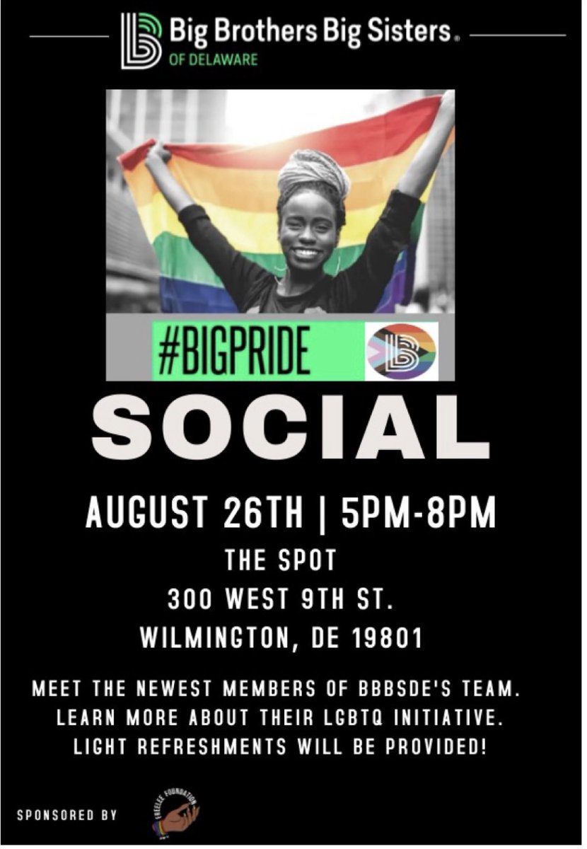BccsSquad's tweet photo. Big Brothers Big Sisters will be hosting a social at The Spot in Wilmington from 5 pm to 8 pm on August 26th!  Please attend if you're interested and you want to know more about their LGBTQ initiatives! https://t.co/hhtGNHOH1Z