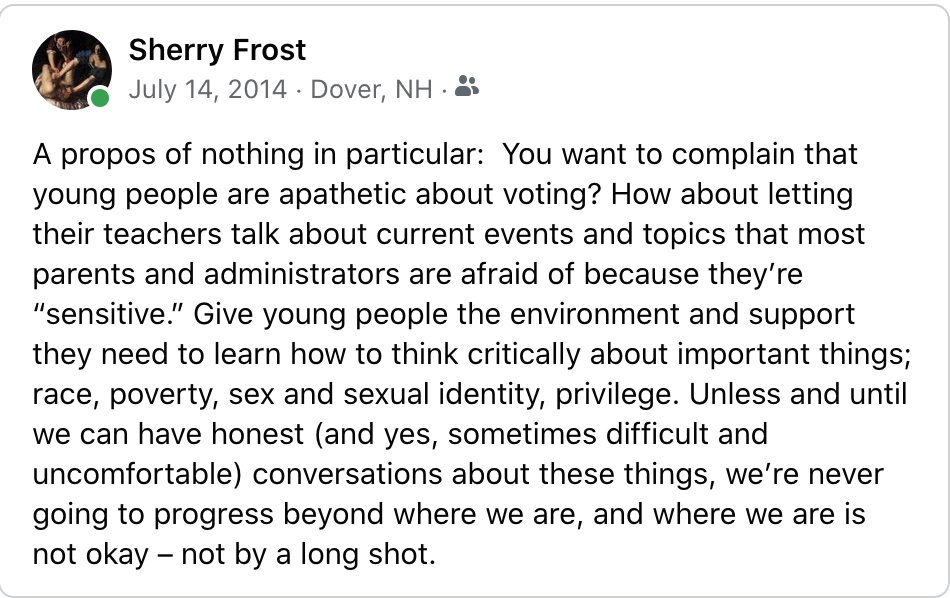 frostnhstaterep's tweet photo. I posted this in 2014.  I'm incandescent with rage that it's only gotten worse since then.  #DivisiveConcepts #EducationalCrisis #RespectTeachers #LetTeachersTeach #NHPolitics https://t.co/GrYfBqLBCX