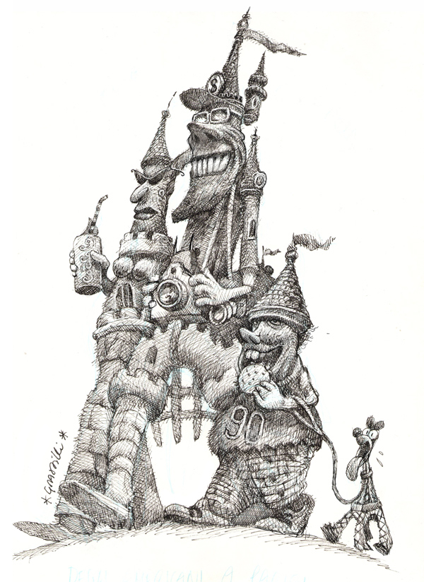 Illustrazione tratta da "Se questo è un topo": paginone centrale di Cuore nr.64, 18/04/92 con un reportage disegnato da <a href="/RobGrassilli/">Rob Grassilli</a>  in qualità di inviato all'apertura del primo parco Disneyland a Parigi, trent'anni fa esatti.