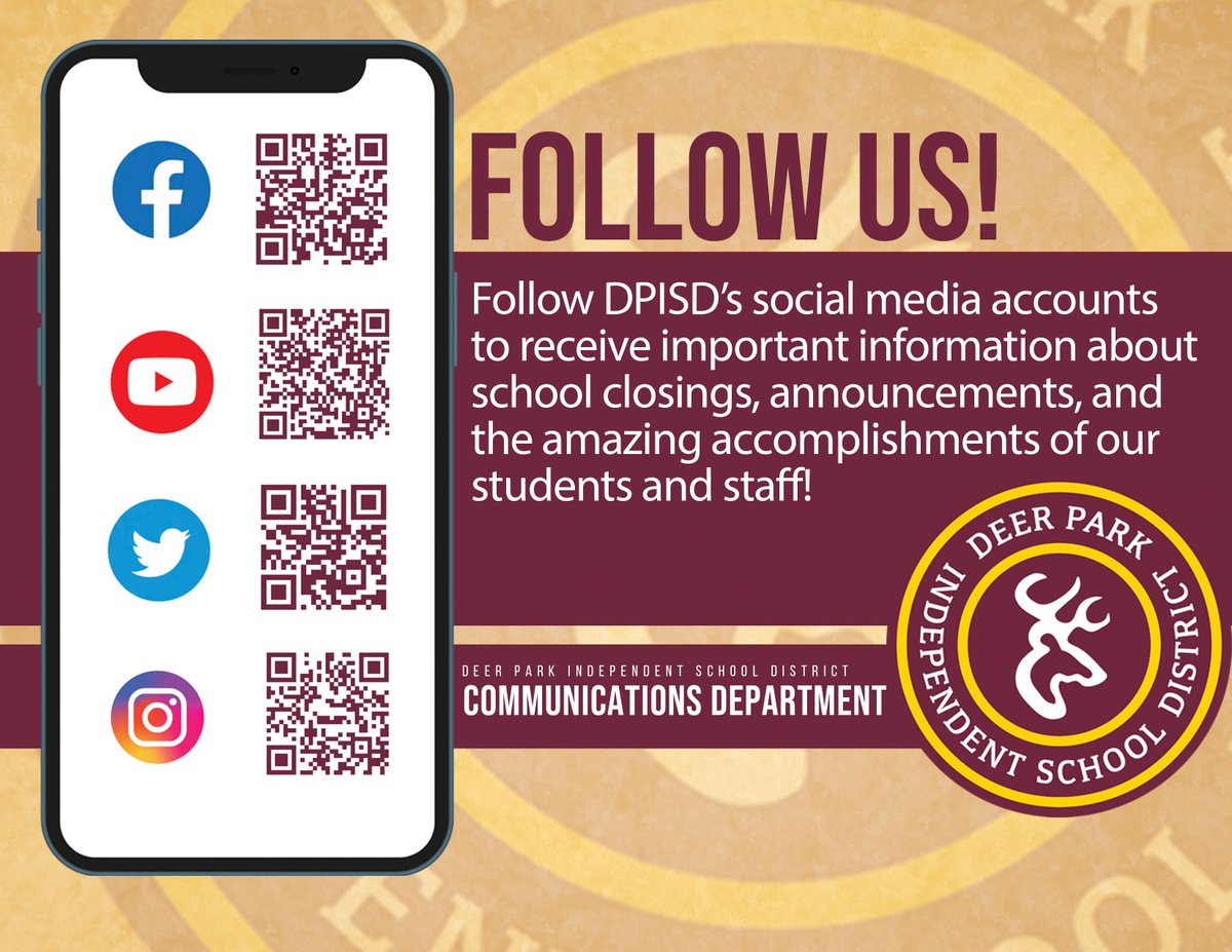 DPISD's tweet photo. Follow DPISD’s social media accounts to receive important information about school closings, announcements, and the amazing accomplishments of our students and staff! https://t.co/DVkWhHTIas