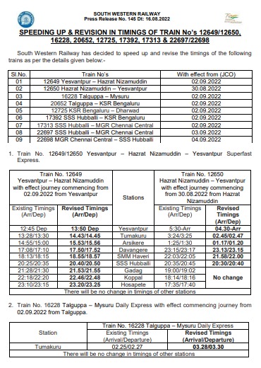 SWRRLY's tweet image. 📢Attention Passengers:
Kindly note the Speeding Up and Revision in timings of #Train No's 12649/12650,16228, 20652, 12725, 17392, 17313 & 22697/22698
#SWRupdates
.@ddchandanabng