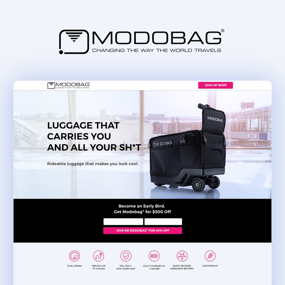 qubedagency's tweet photo. Modobag - World's First Motorised, Rideable Luggage 1st crowdfunding campaign was a HUGE success. Now, they are preparing to launch a new campaign with the new improved version, and we designed their pre-launch landing page. https://t.co/mvuGyXz6l5