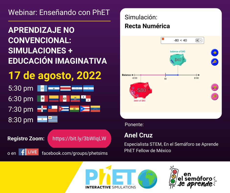 Mañana es el siguiente webinar de Enseñando con <a href="/PhETsims/">PhET Sims</a>. 
Anel (<a href="/anvcruz1/">Anel Cruz/PhETfellow</a>) es de En el Semáforo se Aprende, donde dan clase a niños y mamás que trabajan en las calles con Educación Imaginativa y simulaciones! 
Regístrate: bit.ly/3bWIqLW
y pasa la voz! 🚨🚀📆