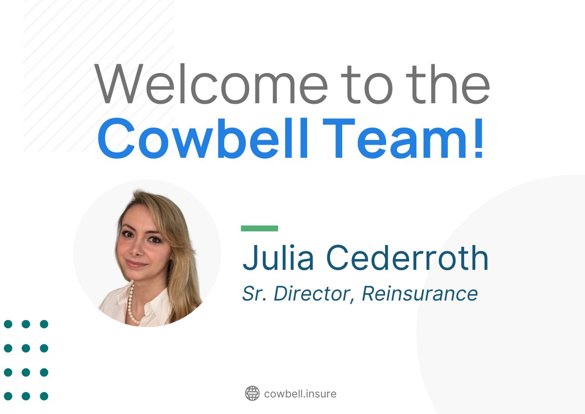 Cowbell is excited to announce the addition of Julia Cederroth as senior director of reinsurance. This new position empowers policyholders by helping to build #cyberresiliency and close insurability gaps as part of Cowbell’s #reinsurance solutions. bit.ly/3dAvTPj