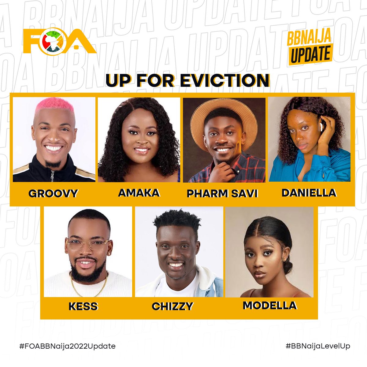 foa_network's tweet photo. The nominated housemates this week are;
Chizzy ,Daniella, Modella ,Kess, Pharmsavi, Amaka, Groovy
Remember Modella is a fake housemate and Chizzy is a rider who can not be evicted, so who are you voting for?
##BBNaijaLevelUp #BBNaija #Foatv https://t.co/JX2wjx4rF6