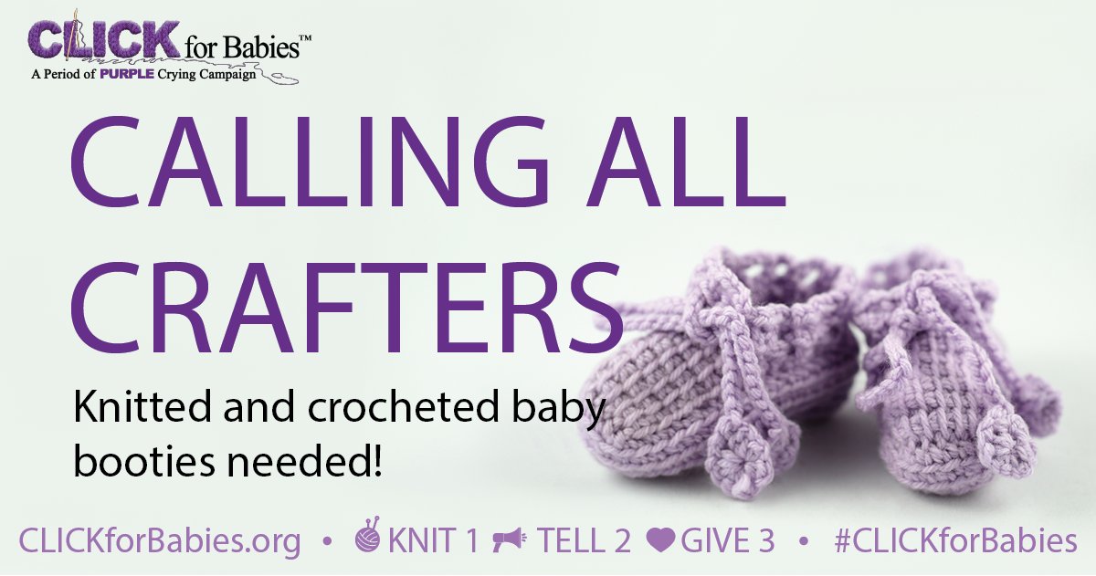 PURPLEcrying's tweet photo. We are in need of knitted/crocheted baby booties! So get your #crocheting hooks or #knitting needles ready and help the #CLICKforBabies campaign and #donate some booties. Visit our website for free pattern guidelines! https://t.co/Ui3Ve84VAC
#Knit1Tell2Give3 #knit #PURPLECrying https://t.co/hK0ZdLd1cY